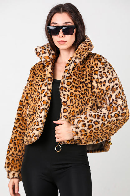 Kadın Fermuarlı Leopar Kısa Kürk Mont