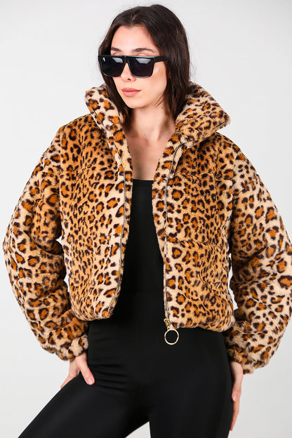 Kadın Fermuarlı Leopar Kısa Kürk Mont