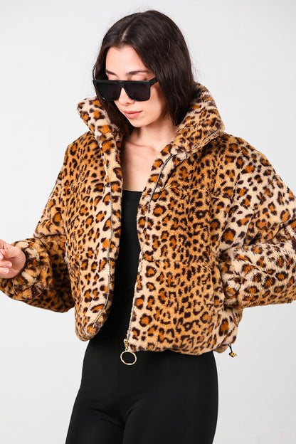 Kadın Fermuarlı Leopar Kısa Kürk Mont