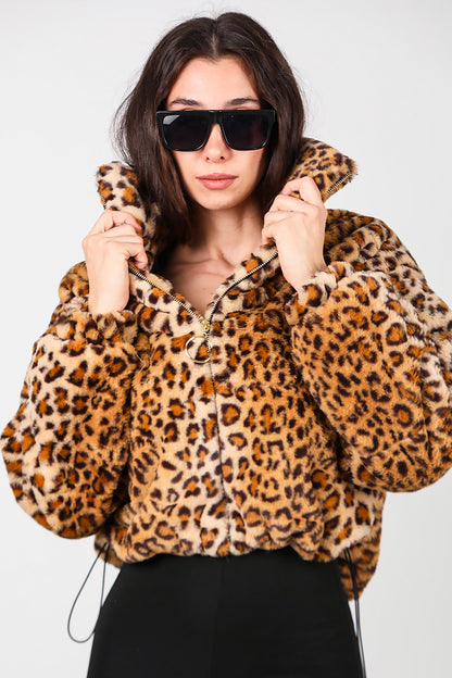 Kadın Fermuarlı Leopar Kısa Kürk Mont