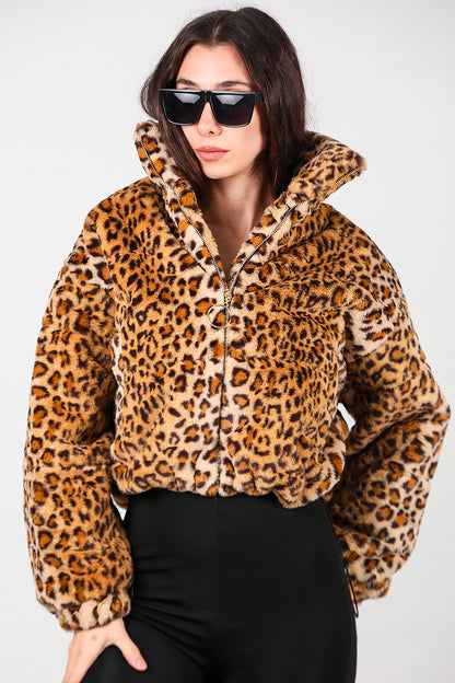 Kadın Fermuarlı Leopar Kısa Kürk Mont
