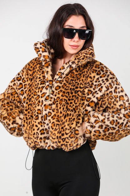 Kadın Fermuarlı Leopar Kısa Kürk Mont