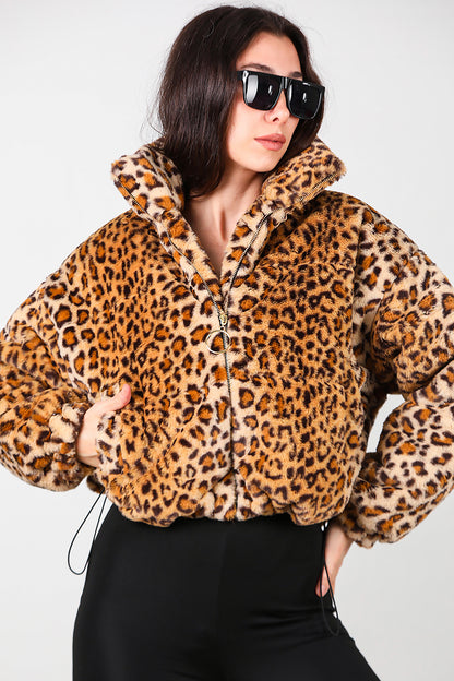 Kadın Fermuarlı Leopar Kısa Kürk Mont
