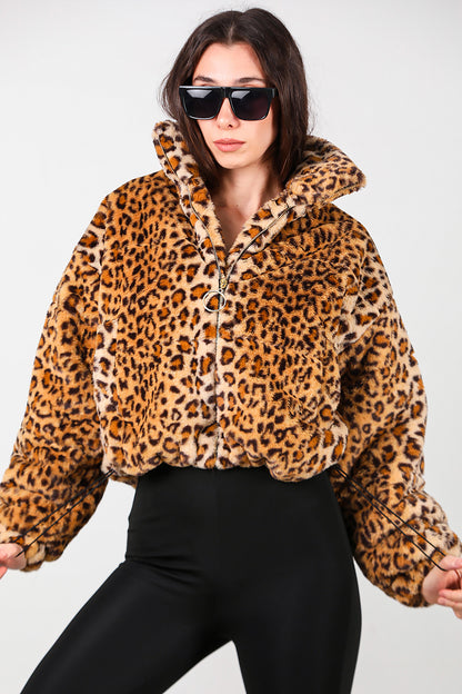 Kadın Fermuarlı Leopar Kısa Kürk Mont