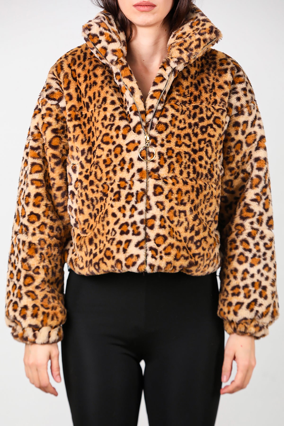 Kadın Fermuarlı Leopar Kısa Kürk Mont