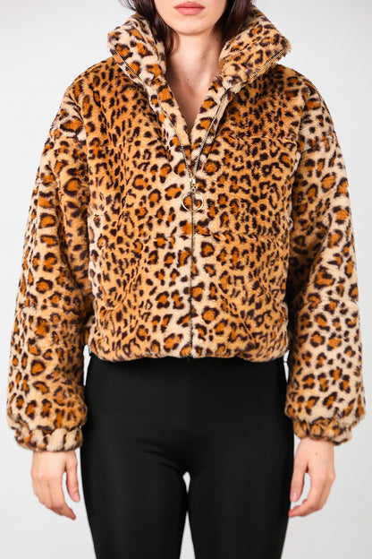 Kadın Fermuarlı Leopar Kısa Kürk Mont