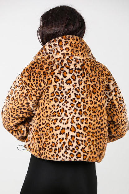 Kadın Fermuarlı Leopar Kısa Kürk Mont