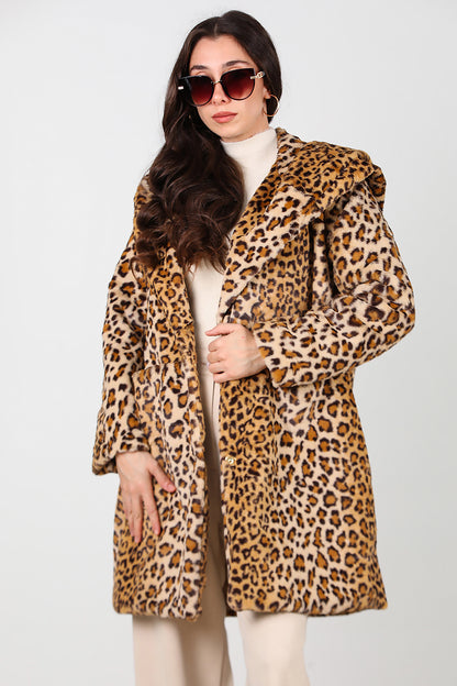 Kadın Kapşonlu Cepli Leopar Kürk Mont