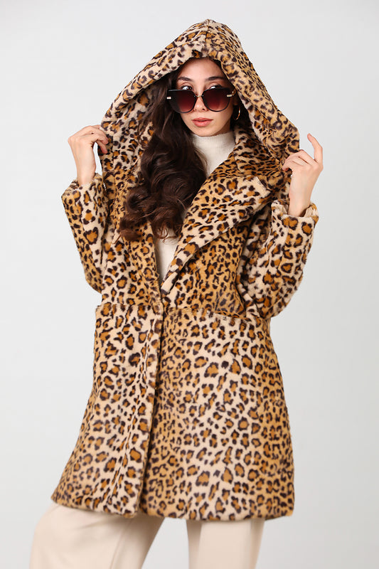 Kadın Kapşonlu Cepli Leopar Kürk Mont