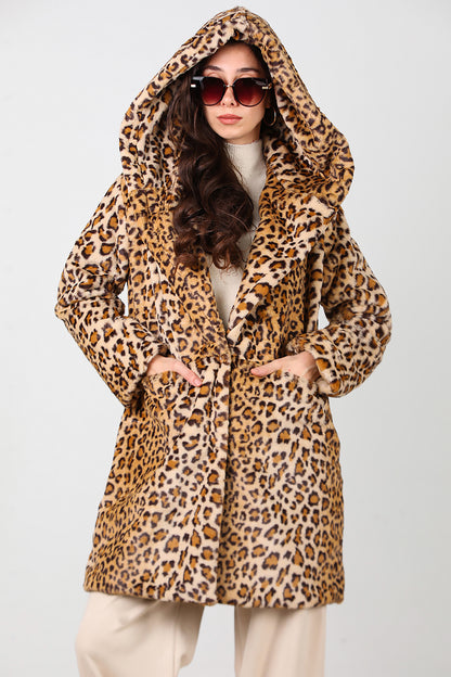 Kadın Kapşonlu Cepli Leopar Kürk Mont