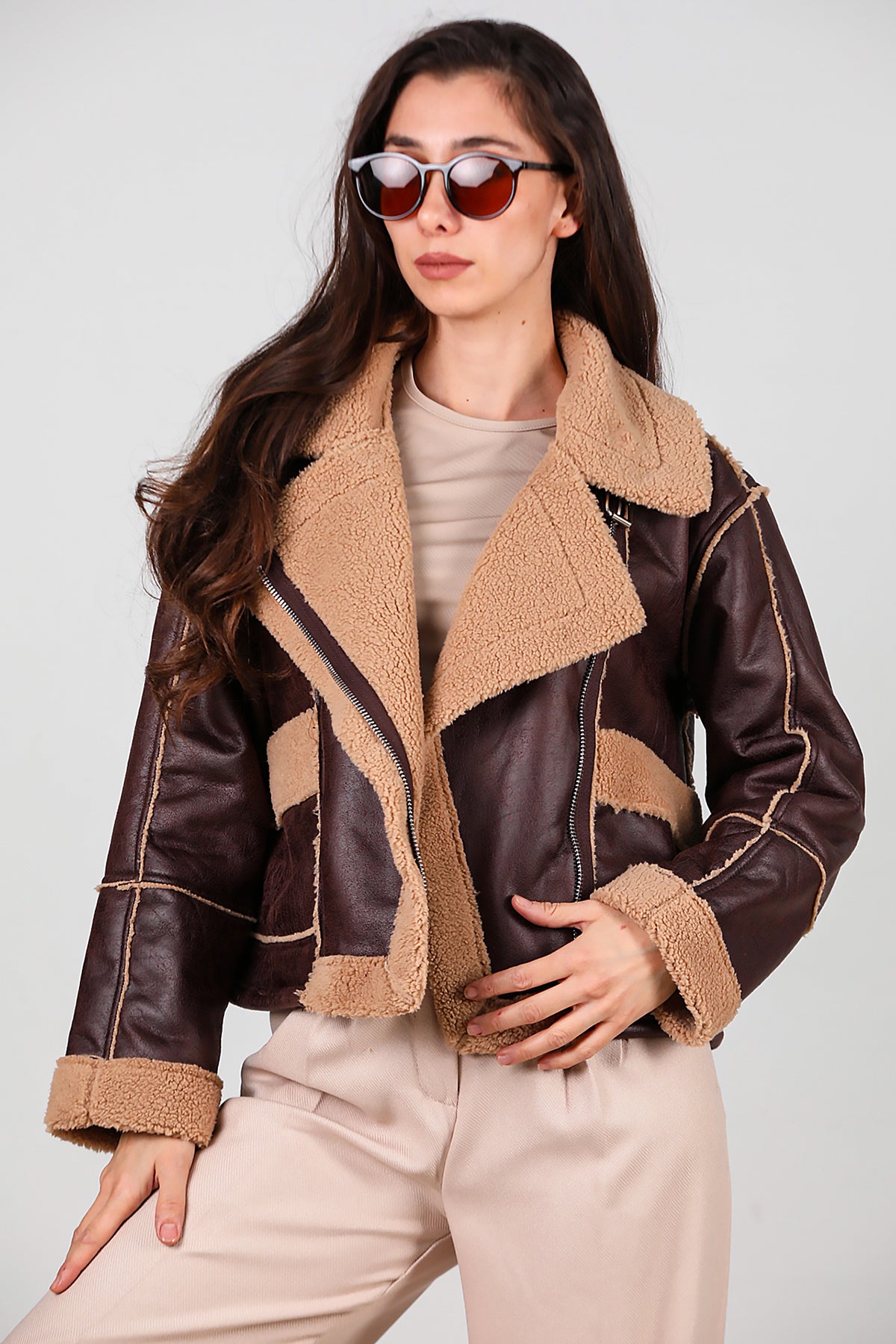 Kadın Fermuarlı İçi Kürklü Deri Mont Kahverengi