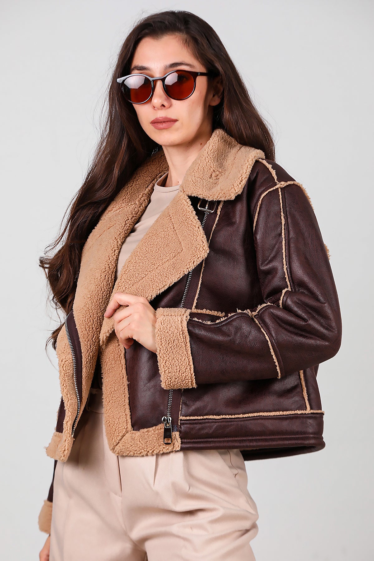 Kadın Fermuarlı İçi Kürklü Deri Mont Kahverengi