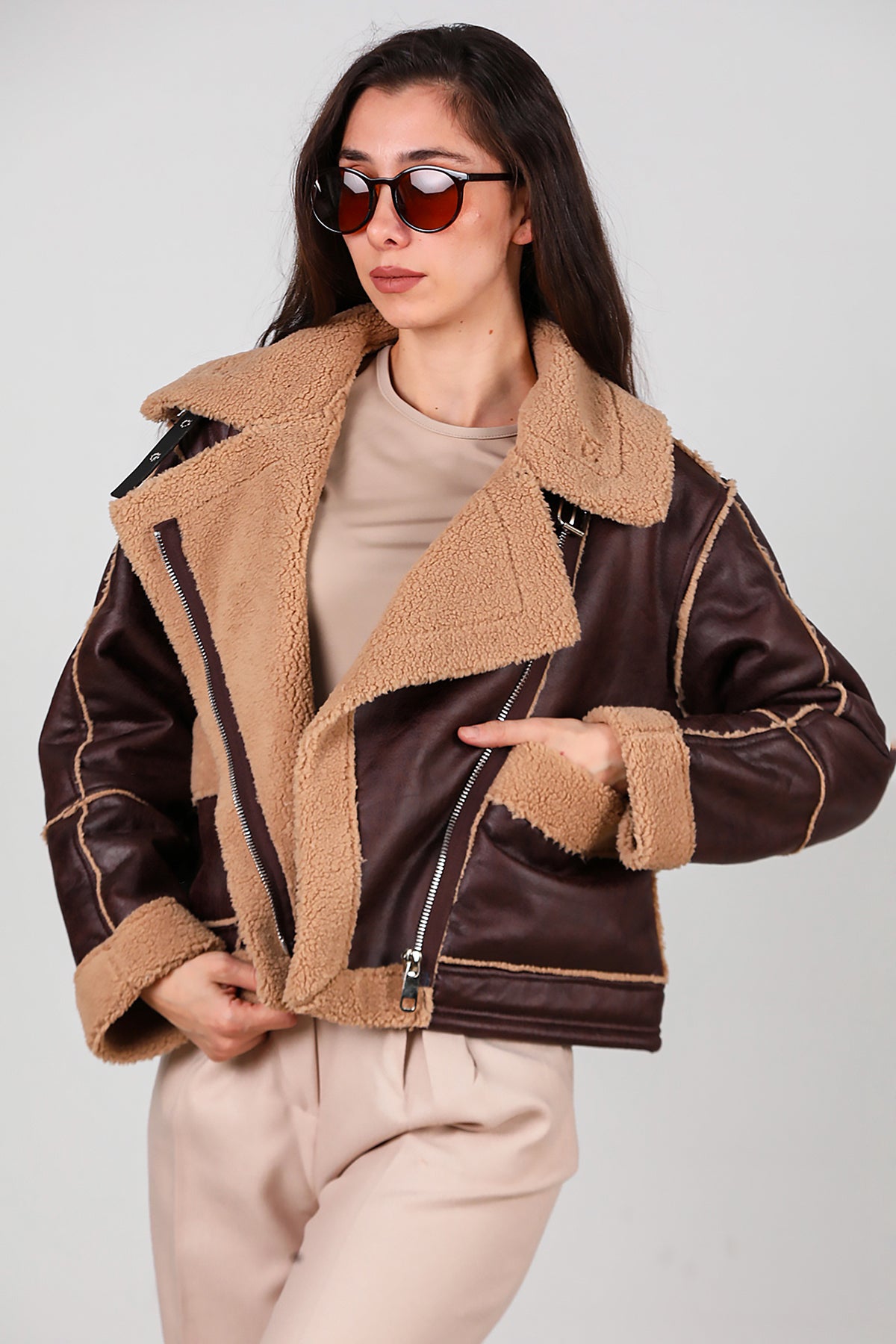 Kadın Fermuarlı İçi Kürklü Deri Mont Kahverengi