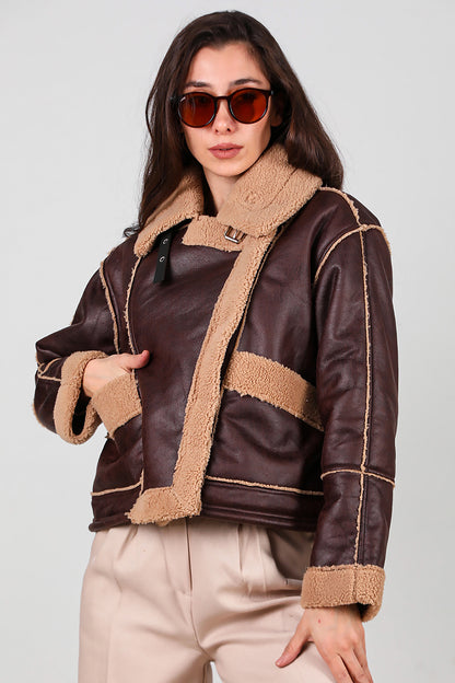 Kadın Fermuarlı İçi Kürklü Deri Mont Kahverengi
