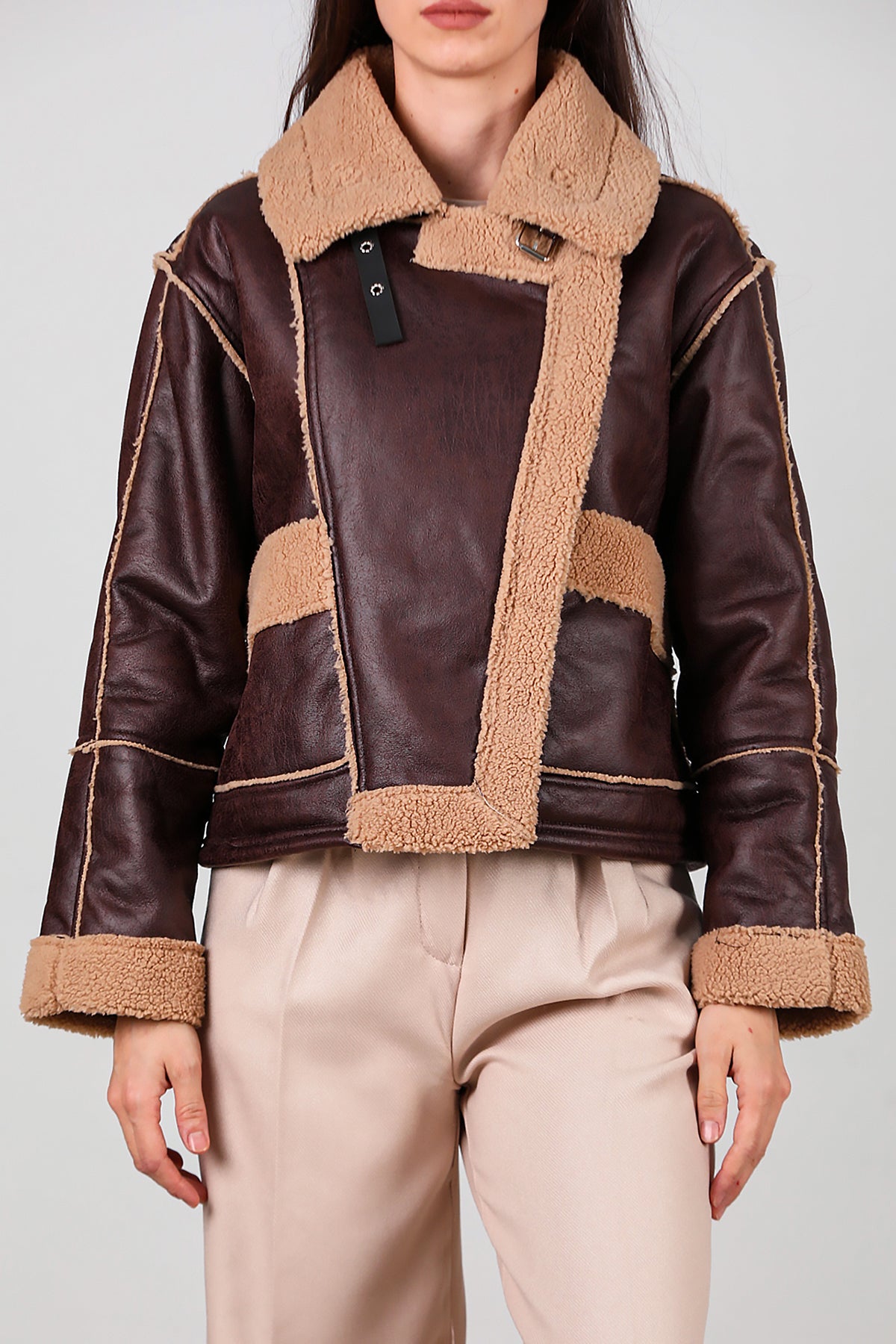 Kadın Fermuarlı İçi Kürklü Deri Mont Kahverengi