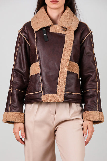 Kadın Fermuarlı İçi Kürklü Deri Mont Kahverengi