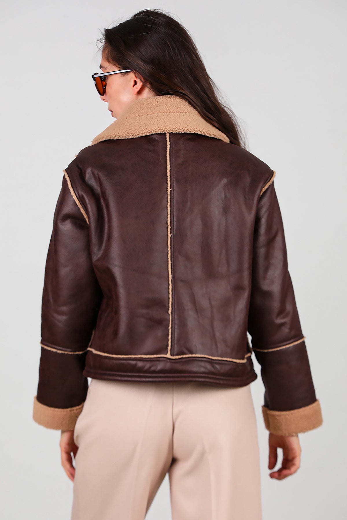 Kadın Fermuarlı İçi Kürklü Deri Mont Kahverengi