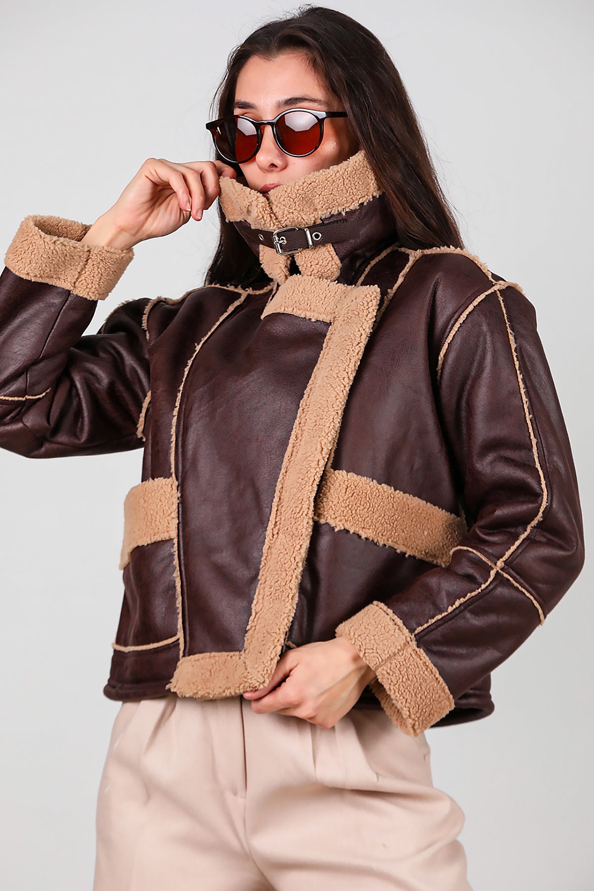 Kadın Fermuarlı İçi Kürklü Deri Mont Kahverengi