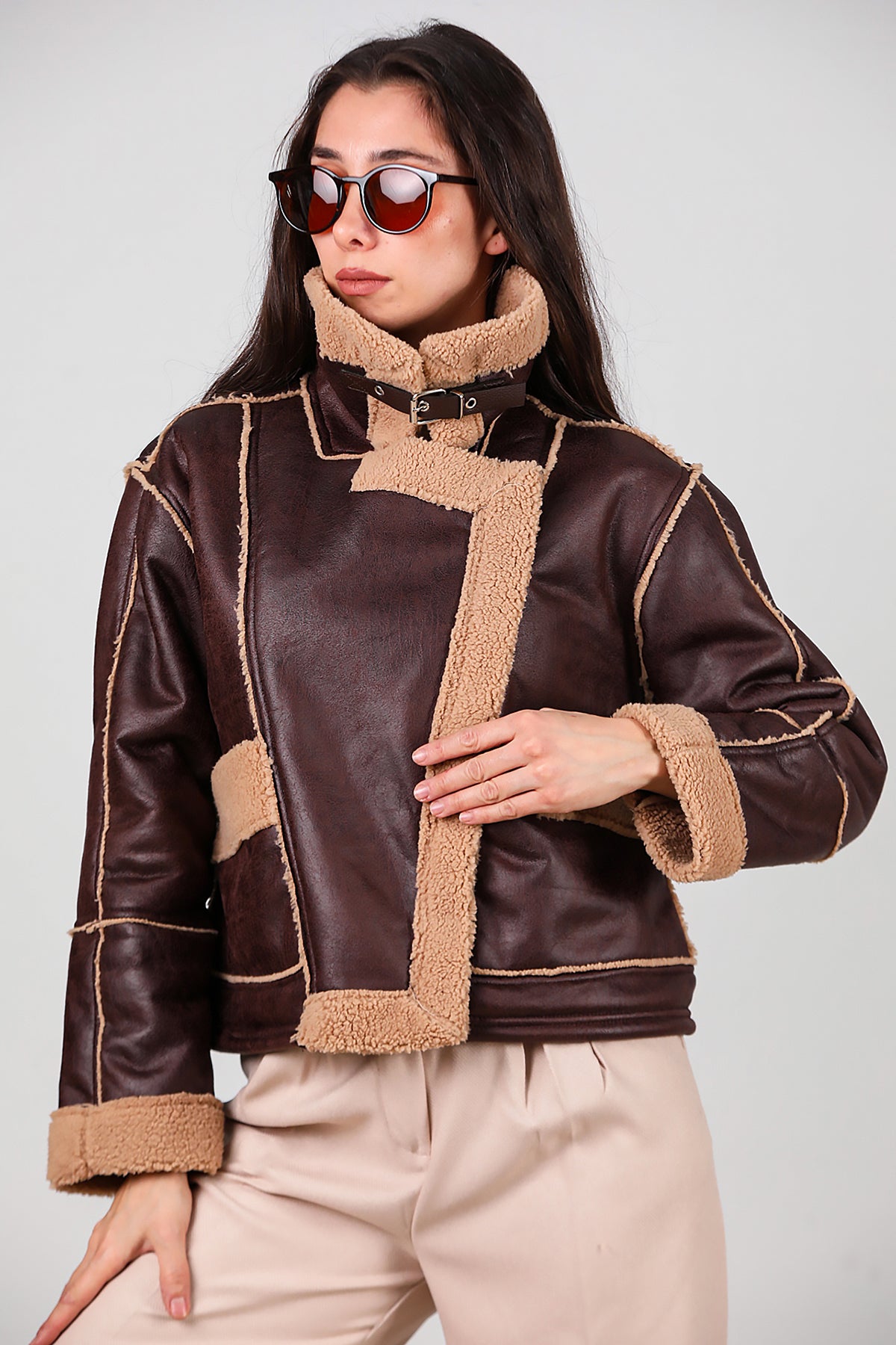 Kadın Fermuarlı İçi Kürklü Deri Mont Kahverengi