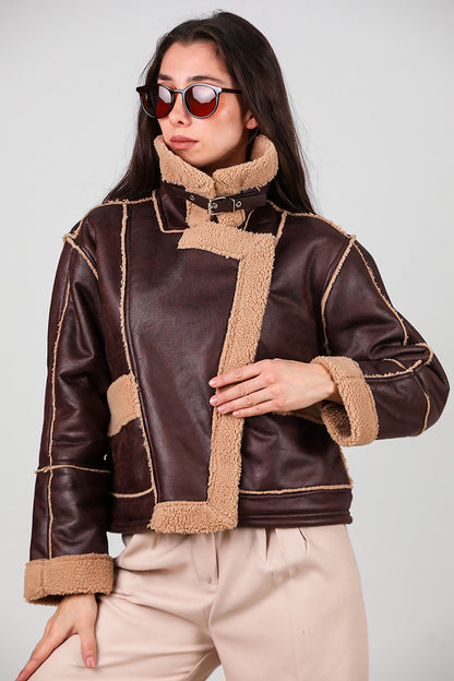 Kadın Fermuarlı İçi Kürklü Deri Mont Kahverengi