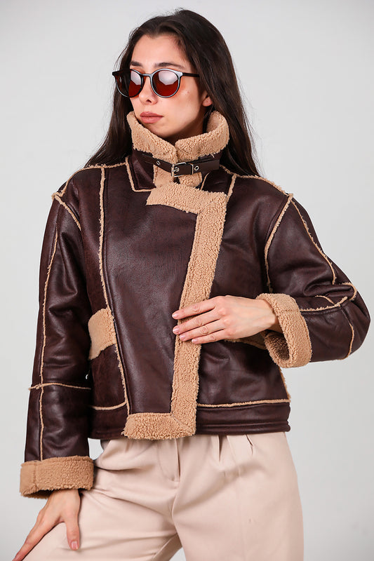 Kadın Fermuarlı İçi Kürklü Deri Mont Kahverengi