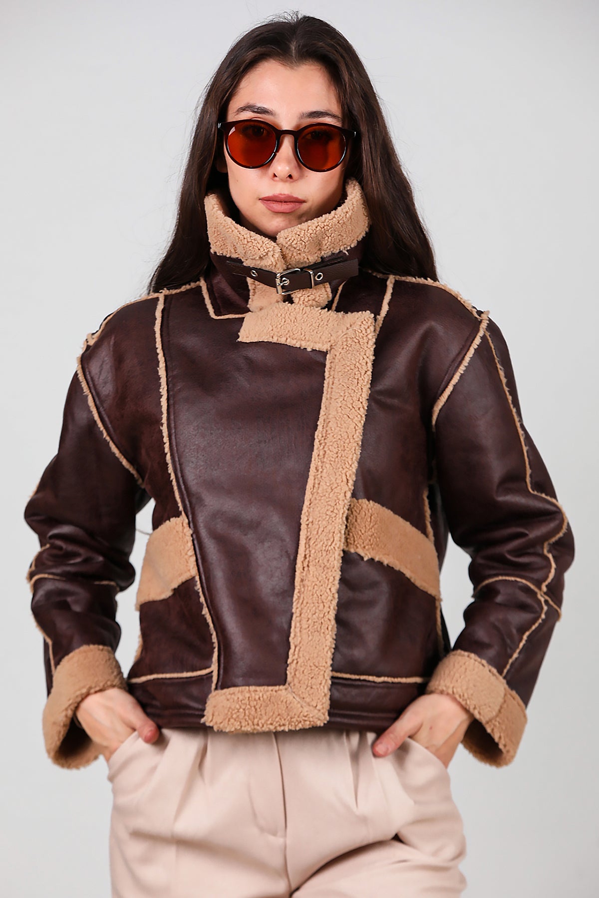 Kadın Fermuarlı İçi Kürklü Deri Mont Kahverengi