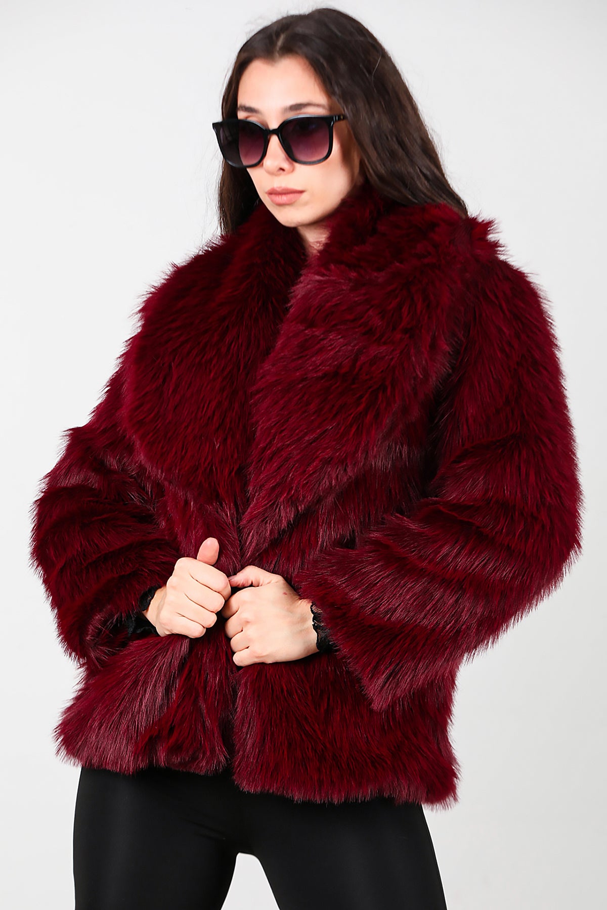 Kadın Kemerli Kürk Mont Bordo
