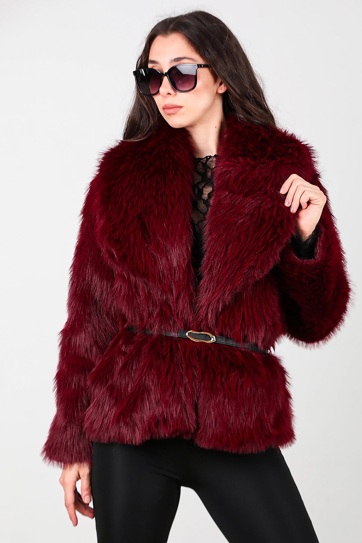 Kadın Kemerli Kürk Mont Bordo