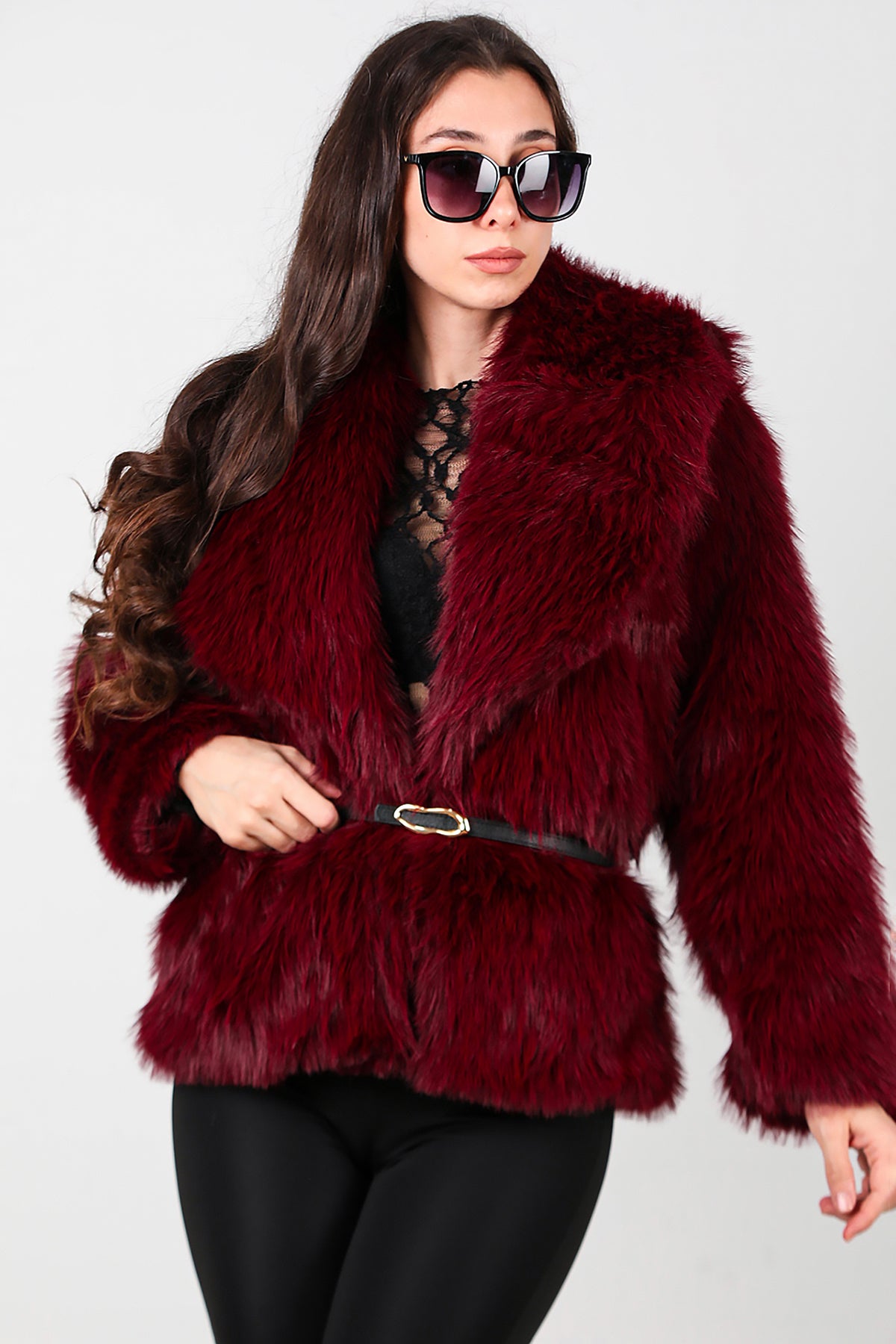 Kadın Kemerli Kürk Mont Bordo