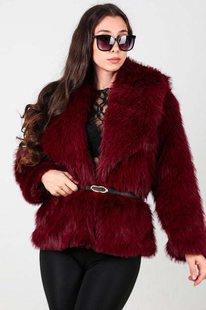 Kadın Kemerli Kürk Mont Bordo