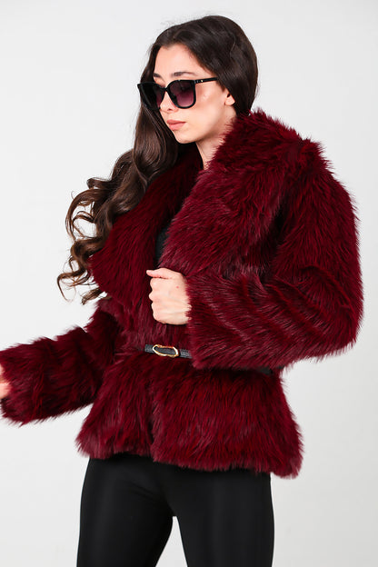 Kadın Kemerli Kürk Mont Bordo