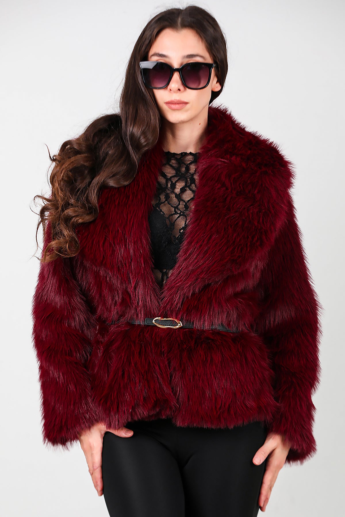 Kadın Kemerli Kürk Mont Bordo