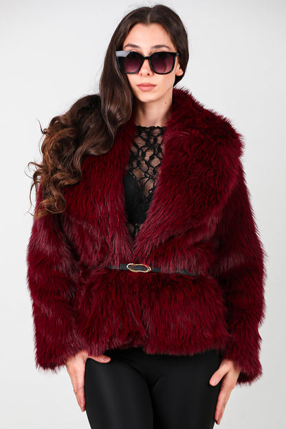 Kadın Kemerli Kürk Mont Bordo
