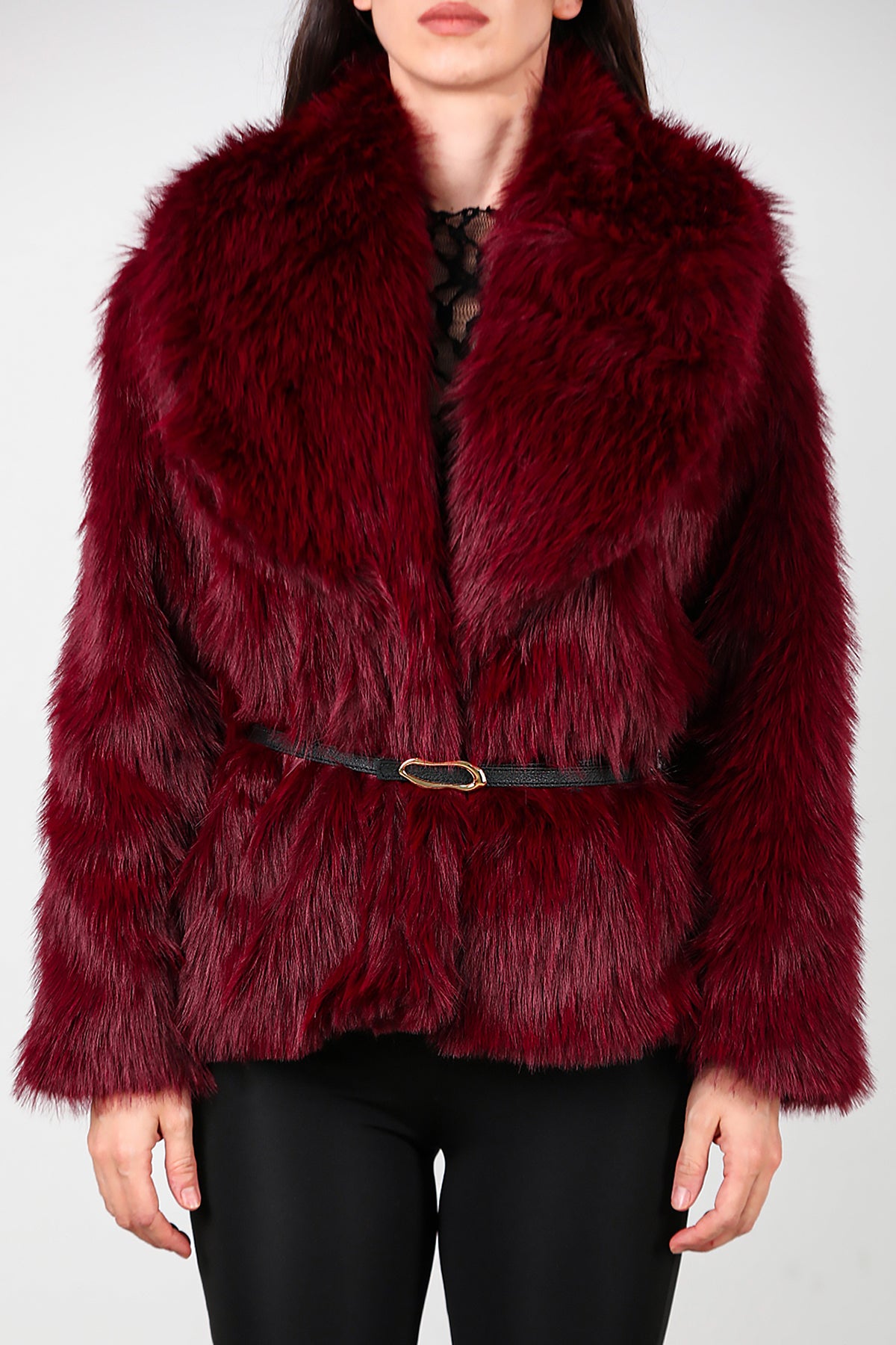 Kadın Kemerli Kürk Mont Bordo
