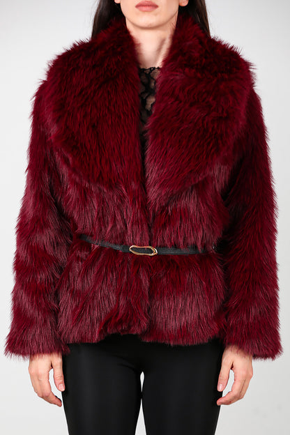 Kadın Kemerli Kürk Mont Bordo