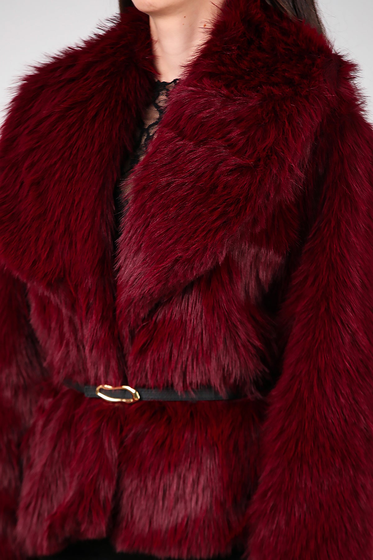 Kadın Kemerli Kürk Mont Bordo