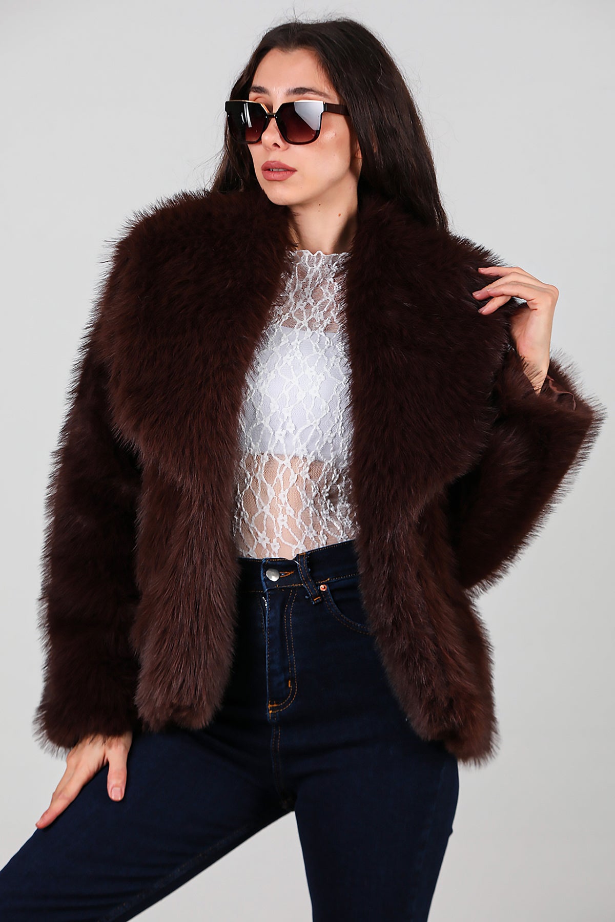 Kadın Kemerli Kürk Mont Kahverengi