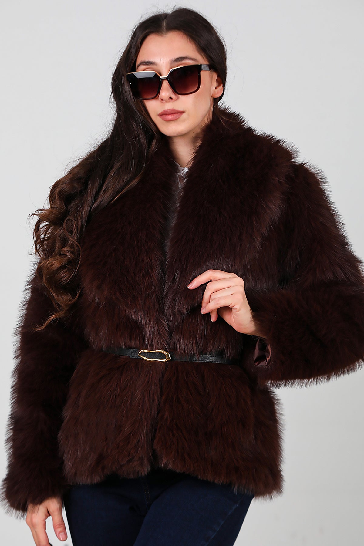 Kadın Kemerli Kürk Mont Kahverengi