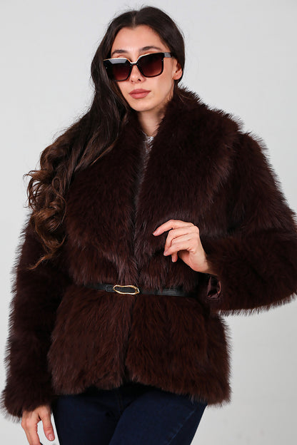 Kadın Kemerli Kürk Mont Kahverengi