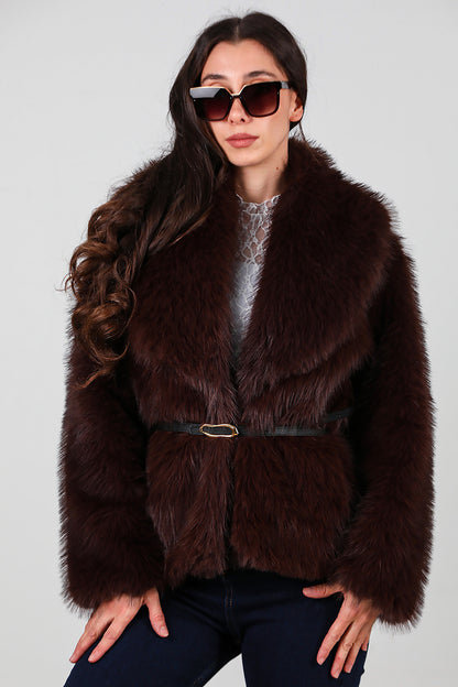 Kadın Kemerli Kürk Mont Kahverengi
