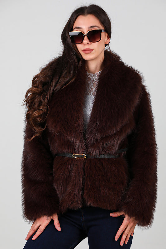 Kadın Kemerli Kürk Mont Kahverengi