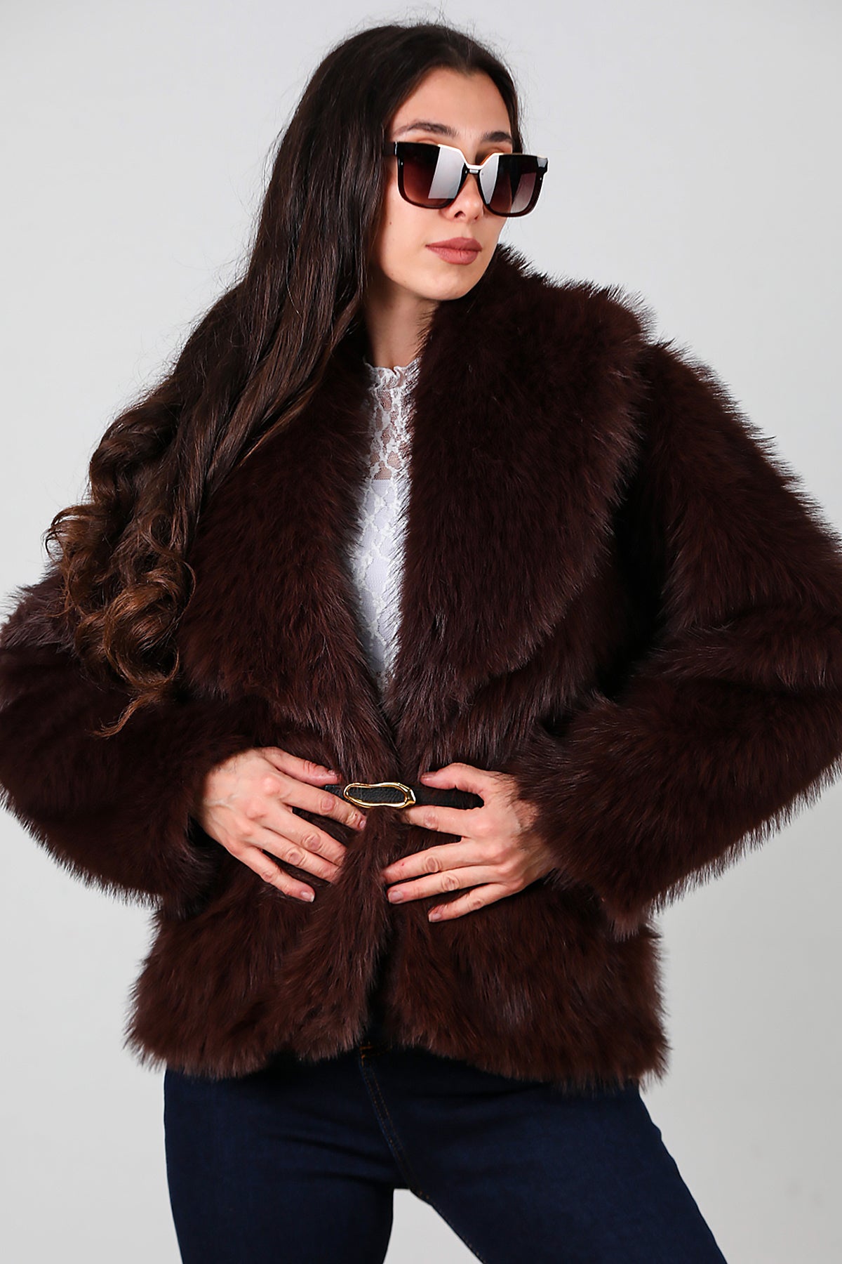 Kadın Kemerli Kürk Mont Kahverengi