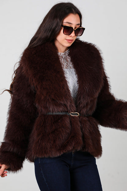 Kadın Kemerli Kürk Mont Kahverengi