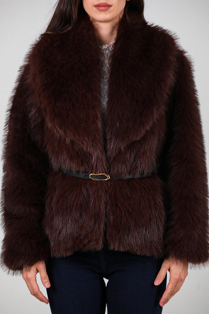 Kadın Kemerli Kürk Mont Kahverengi