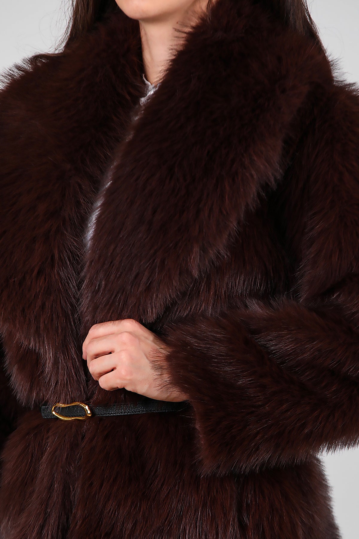 Kadın Kemerli Kürk Mont Kahverengi