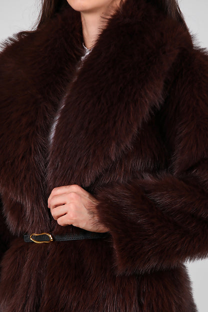 Kadın Kemerli Kürk Mont Kahverengi