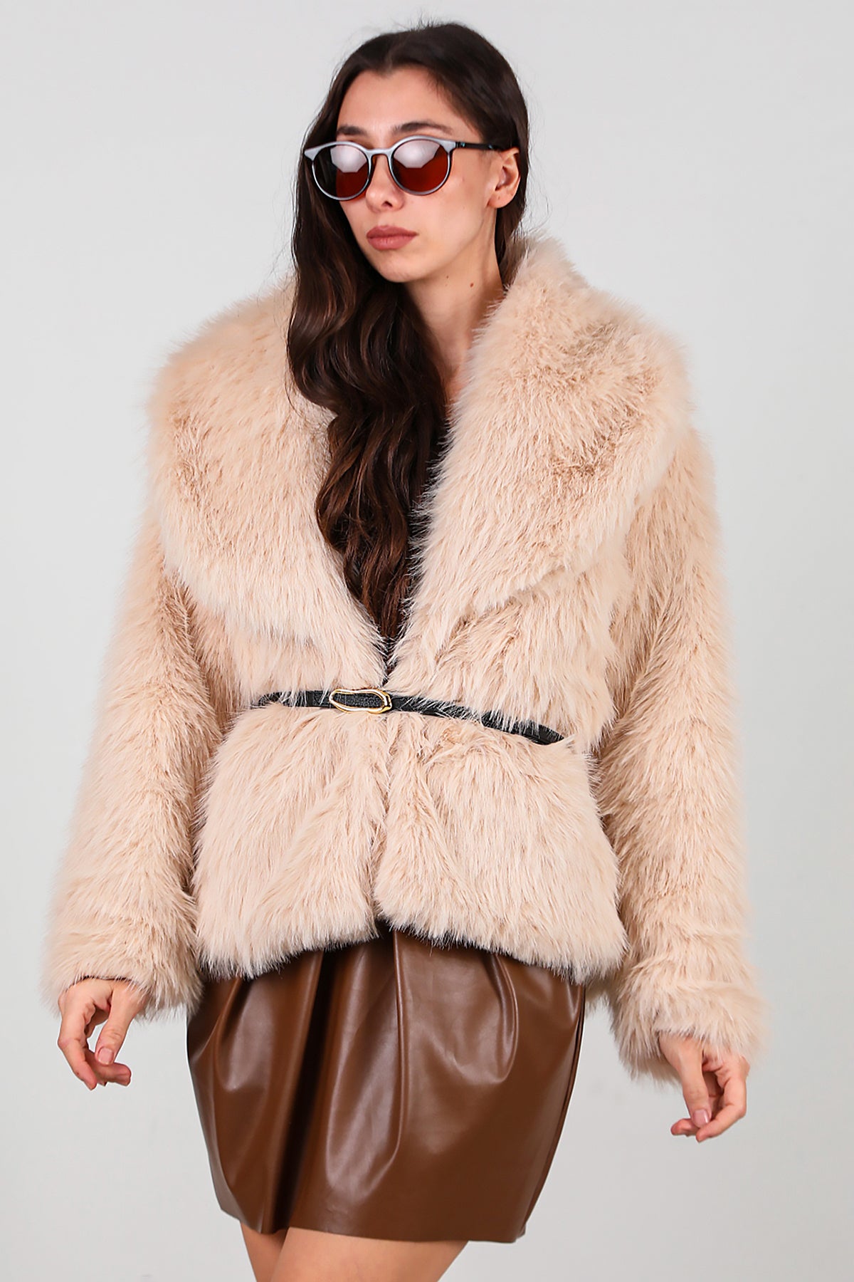 Kadın Kemerli Kürk Mont Taş