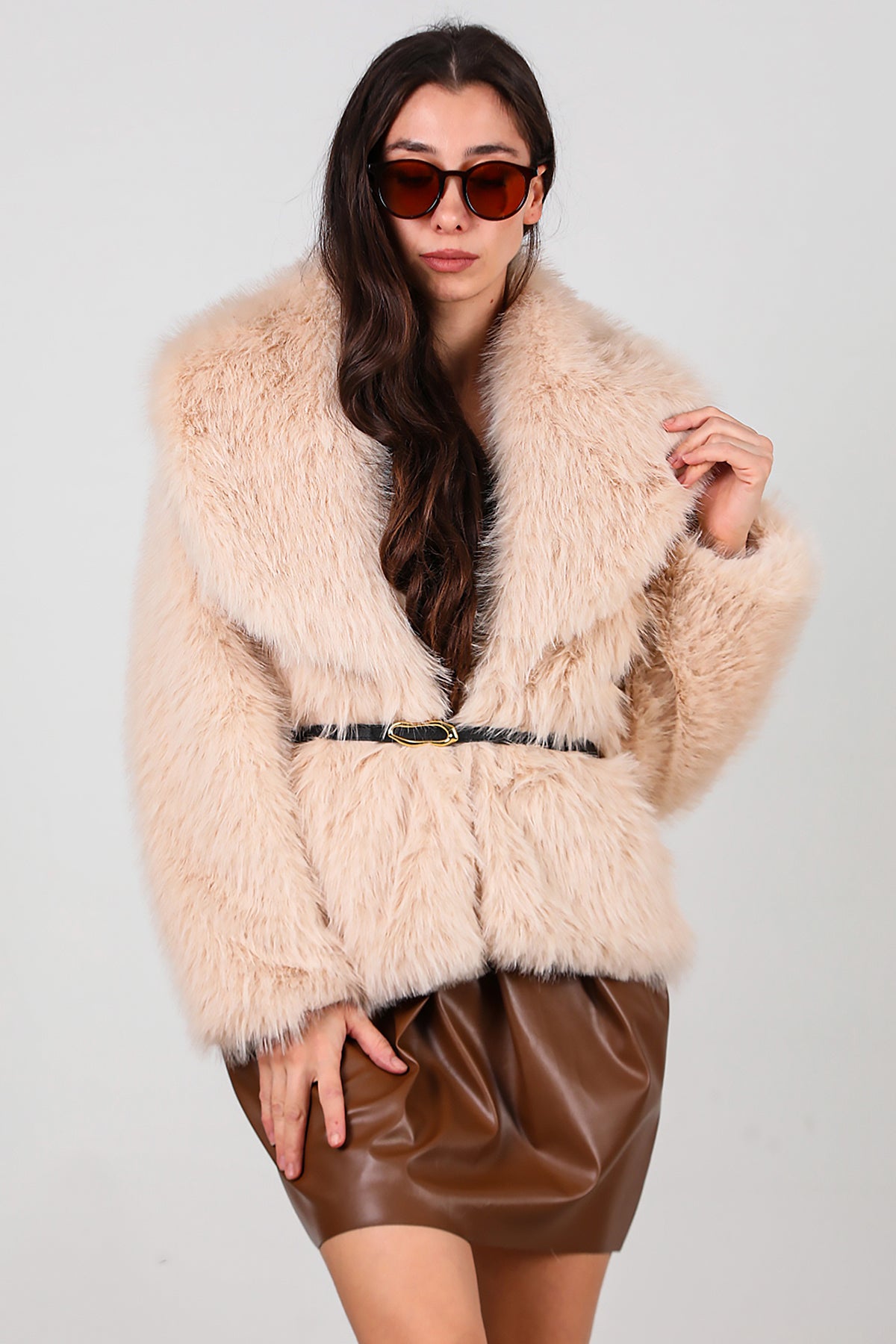 Kadın Kemerli Kürk Mont Taş