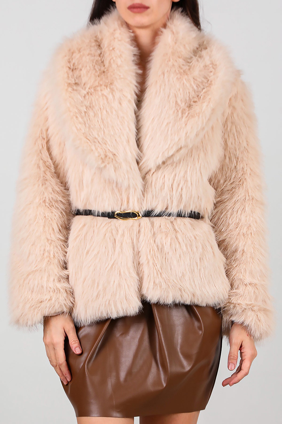 Kadın Kemerli Kürk Mont Taş