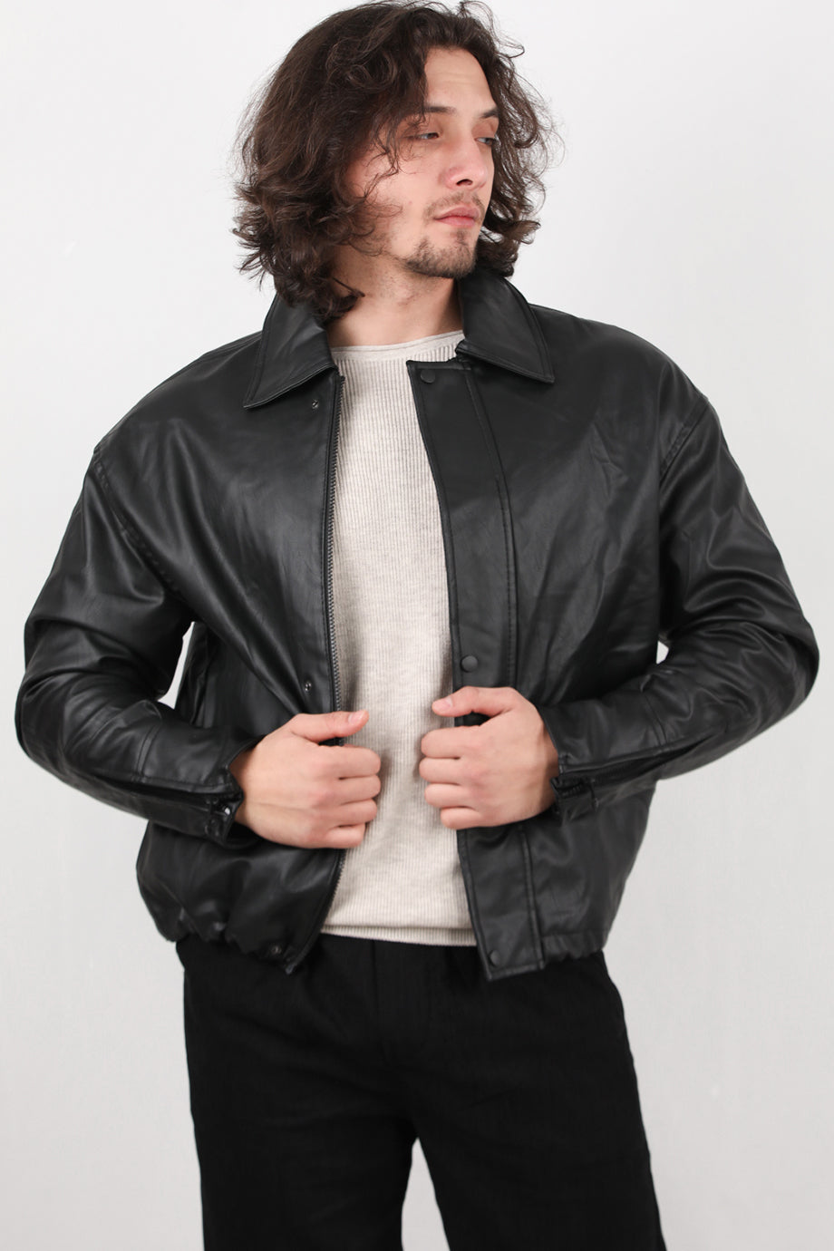 Widehide Erkek Geniş Kalıp Deri Mont Siyah